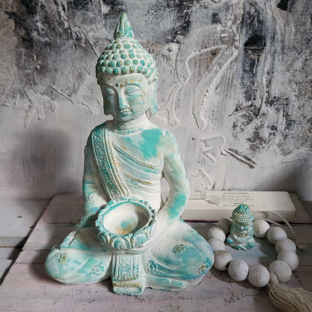 Handbemalter Buddha Mallorca in CASHMERE weiß mit türkis und Gold von ANILUAP 