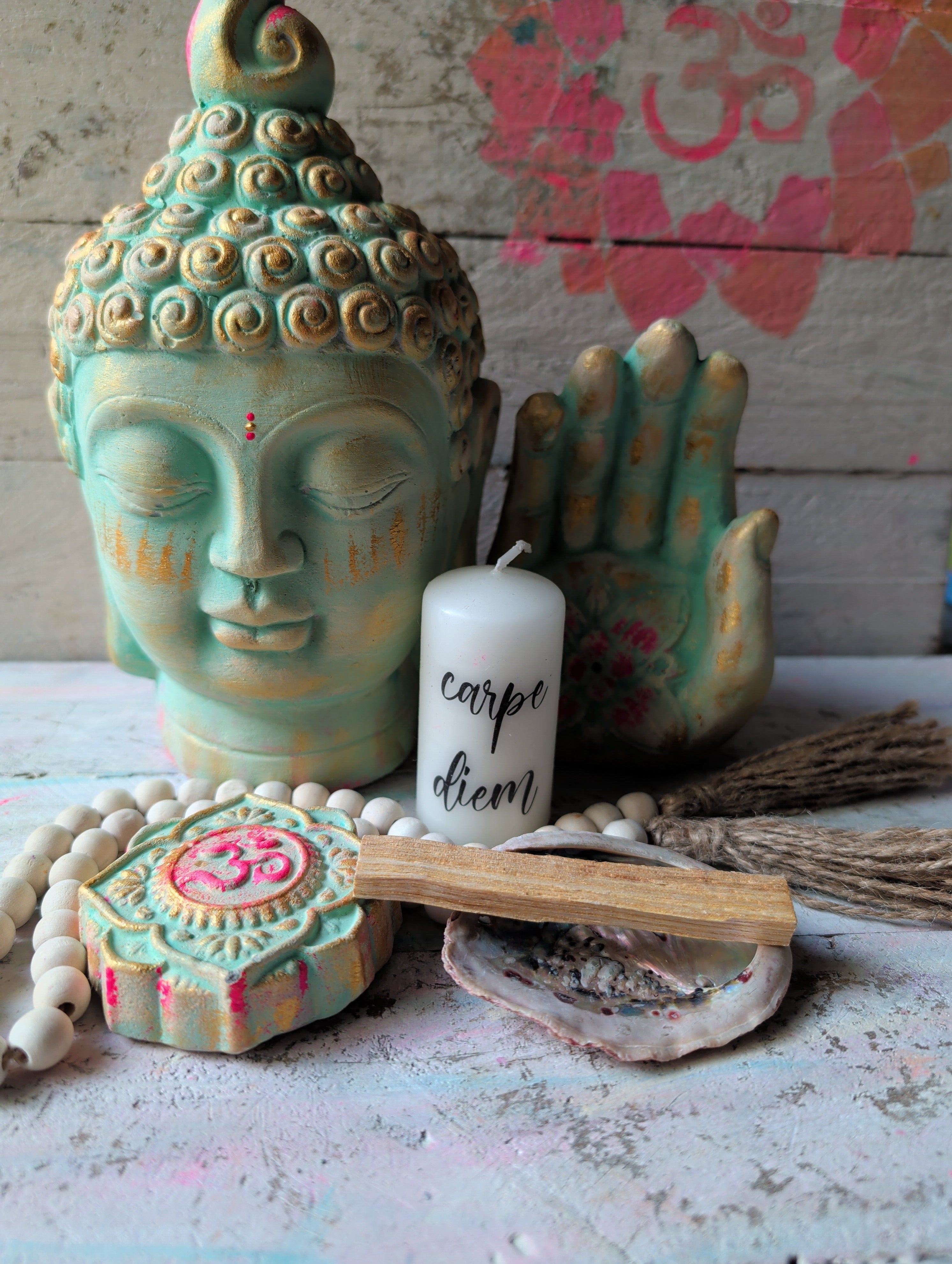 Buddha Kopf Räucherhand OM Palo Santo carpe diem Kerze Altarset ANILUAP