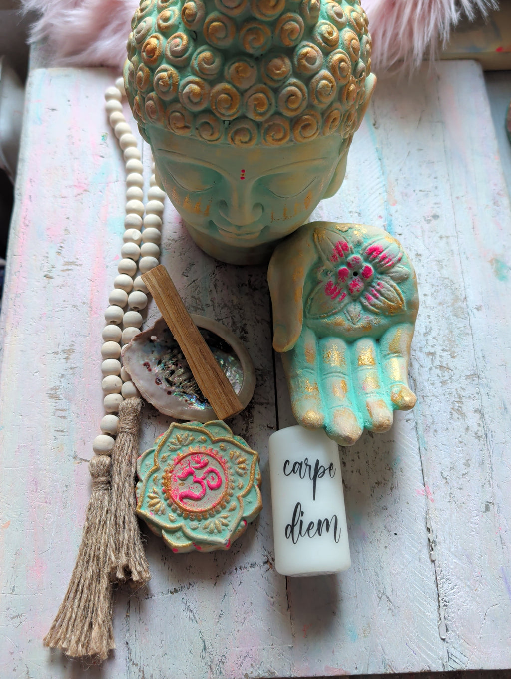 Altarset Buddhaenergie Om Räuchern Palo Santo Abalone Muschel ANILUAP