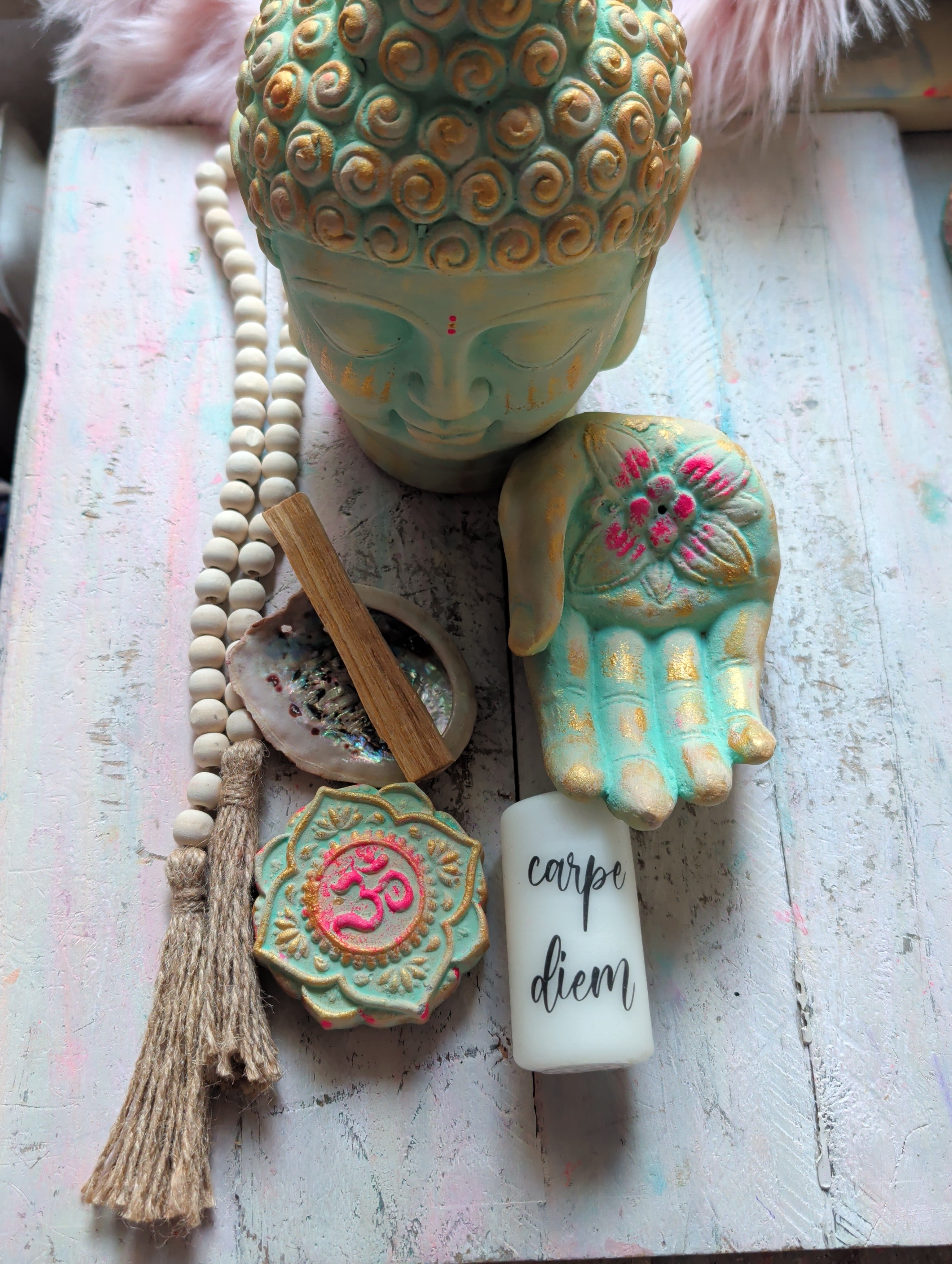 Altarset Buddhaenergie Om Räuchern Palo Santo Abalone Muschel ANILUAP