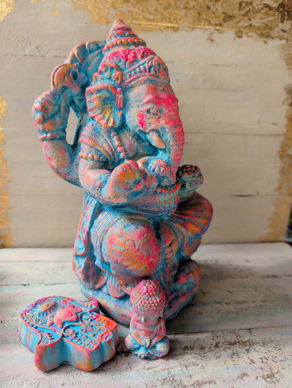 Ganesha Altar Set Steinguss massiv bemalt Seitenansicht Details ANILUAP
