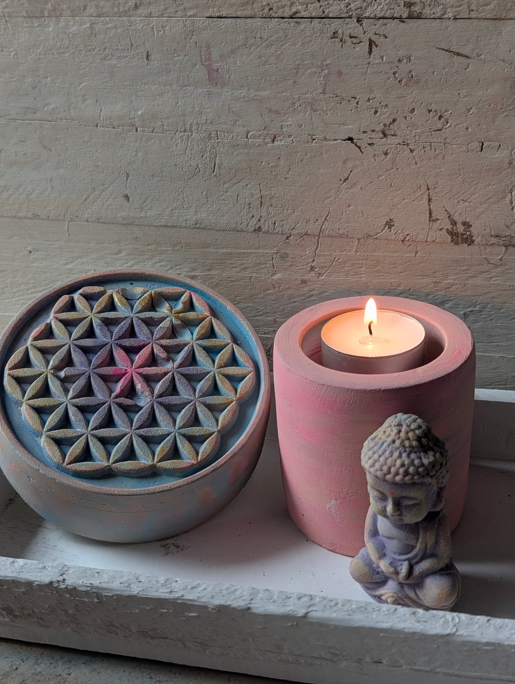 Spirituelles Altar Set ANILUAP mit Blume des Lebens Buddha und Teelichthalter - handgefertigt