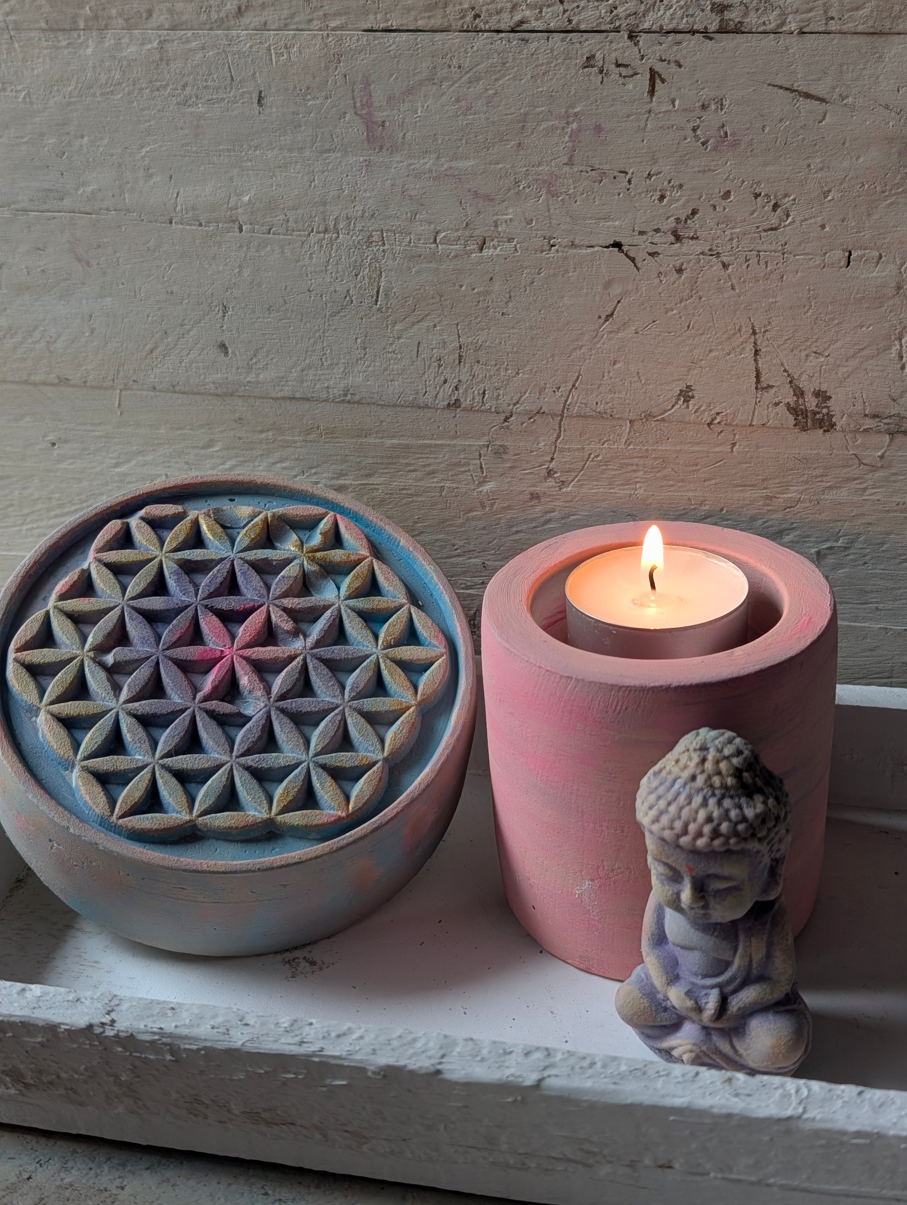 Spirituelles Altar Set ANILUAP mit Blume des Lebens Buddha und Teelichthalter - handgefertigt