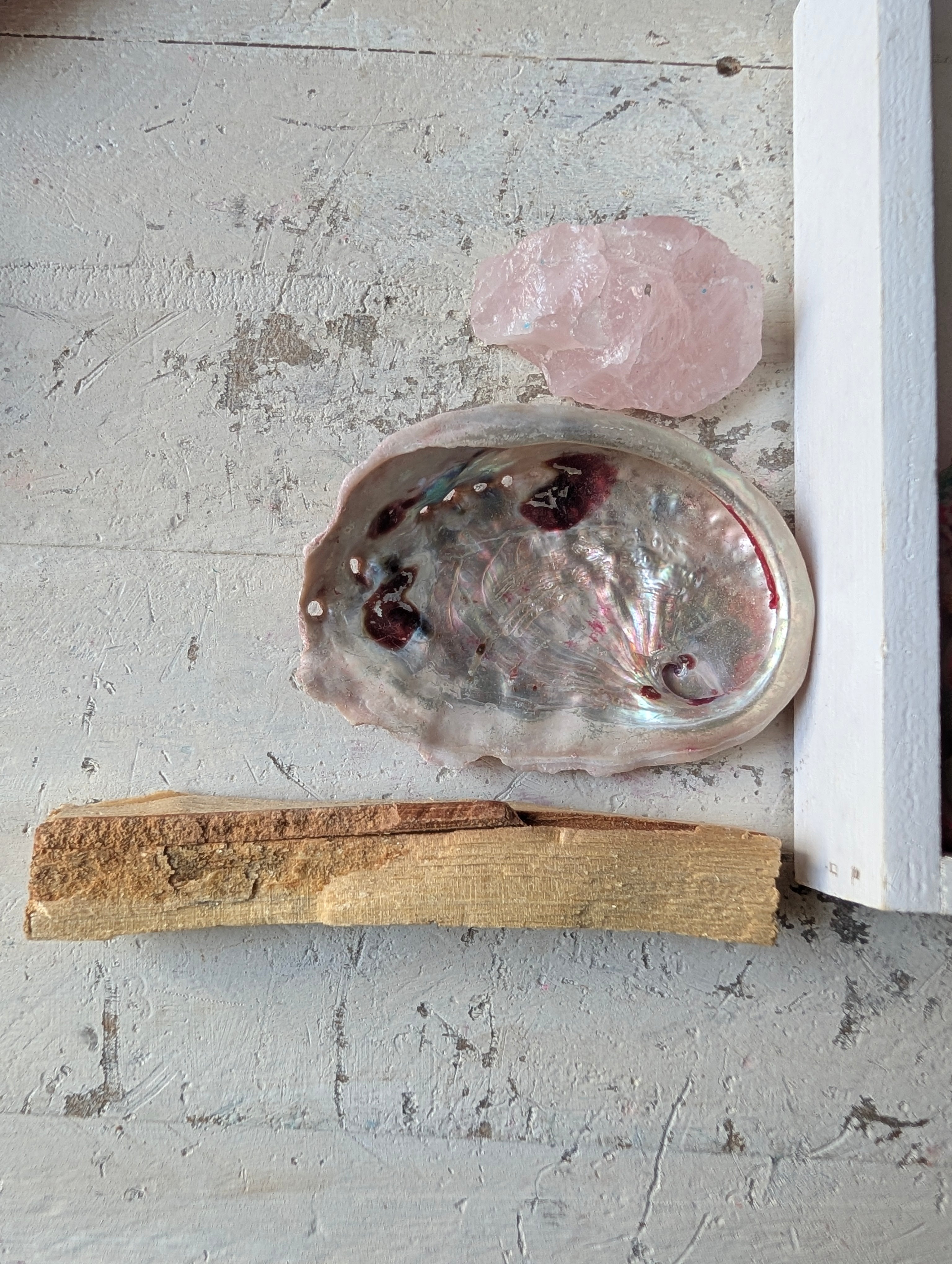 Abalone Muschel mit schillerndem Perlmutt, roher Rosenquarz und Palo Santo Stick – Bestandteile des ANILUAP Altar Sets